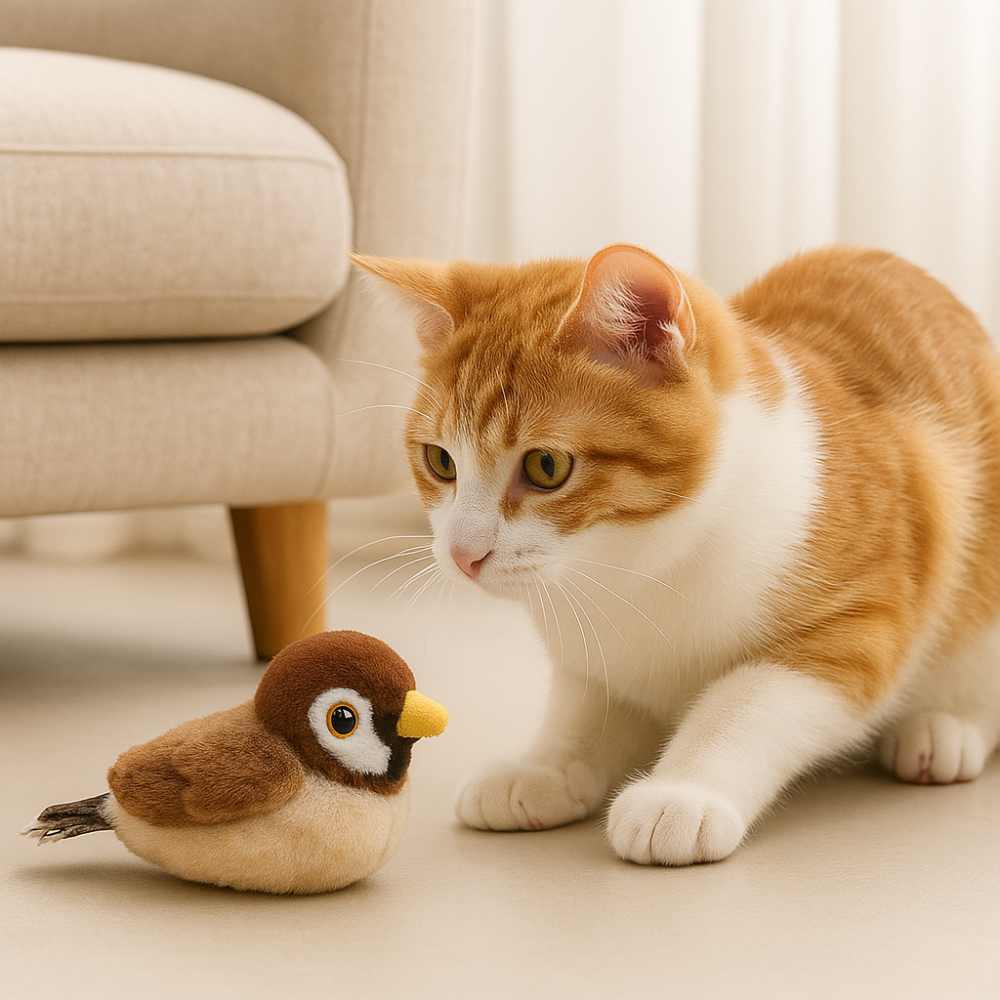 Jouet Interactif Électrique pour Chats – Oiseau en Peluche avec Herbe à Chat, Sons et Recharge USB
